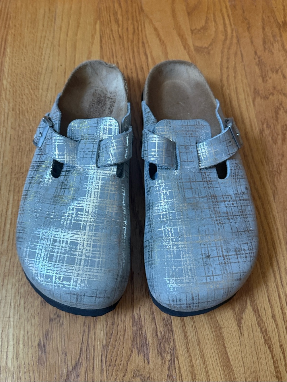 Birkenstock Papillio Boston Clogs Silver Print EU 38 Ladies 7 Men’s 5 Narrow